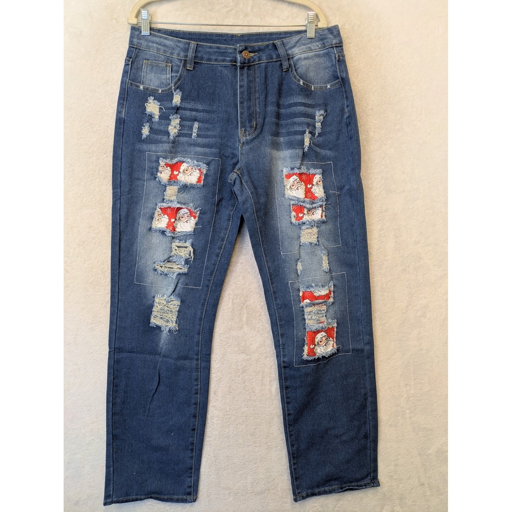 Unbranded‎ Distressed Jeans Women's L Blue Santa Claus Patchwork Christmas